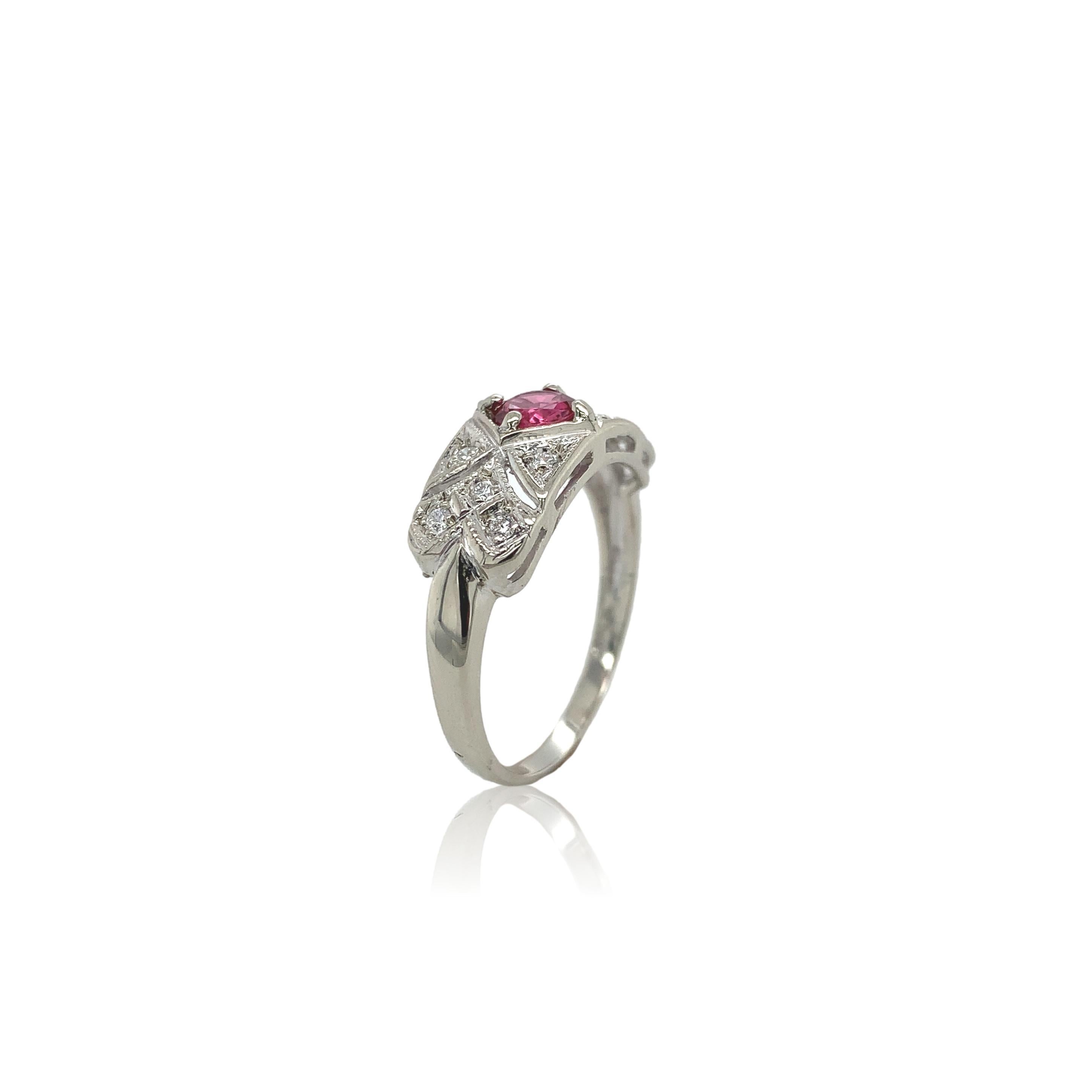 Round Cut Vintage 14K White Gold .45ct Ruby and Diamond Band Ring For Sale