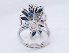 Vintage 14K White Gold 4.8 ct Marquise Sapphire & 0.12 ct Diamond Flower Ring