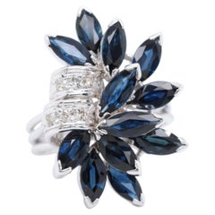 Vintage 14K White Gold 4.8 ct Marquise Sapphire & 0.12 ct Diamond Flower Ring