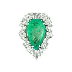 Vintage 14k White Gold 4.88ct GIA Pear Emerald Diamond Large Wave Ballerina Ring