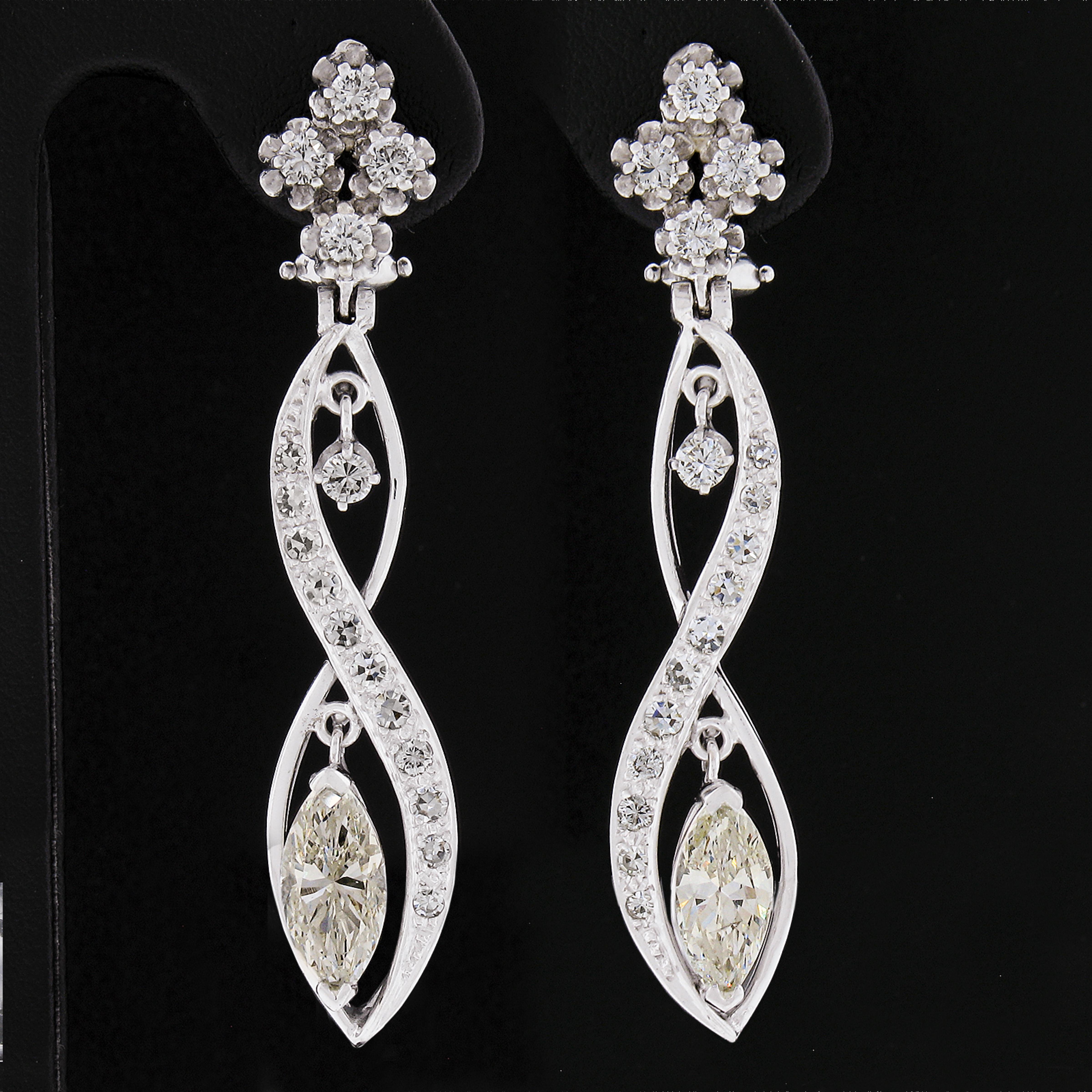 Vintage 14k White Gold 4ctw Marquise Diamond Long Infinity Drop Dangle Earrings In Excellent Condition For Sale In Montclair, NJ
