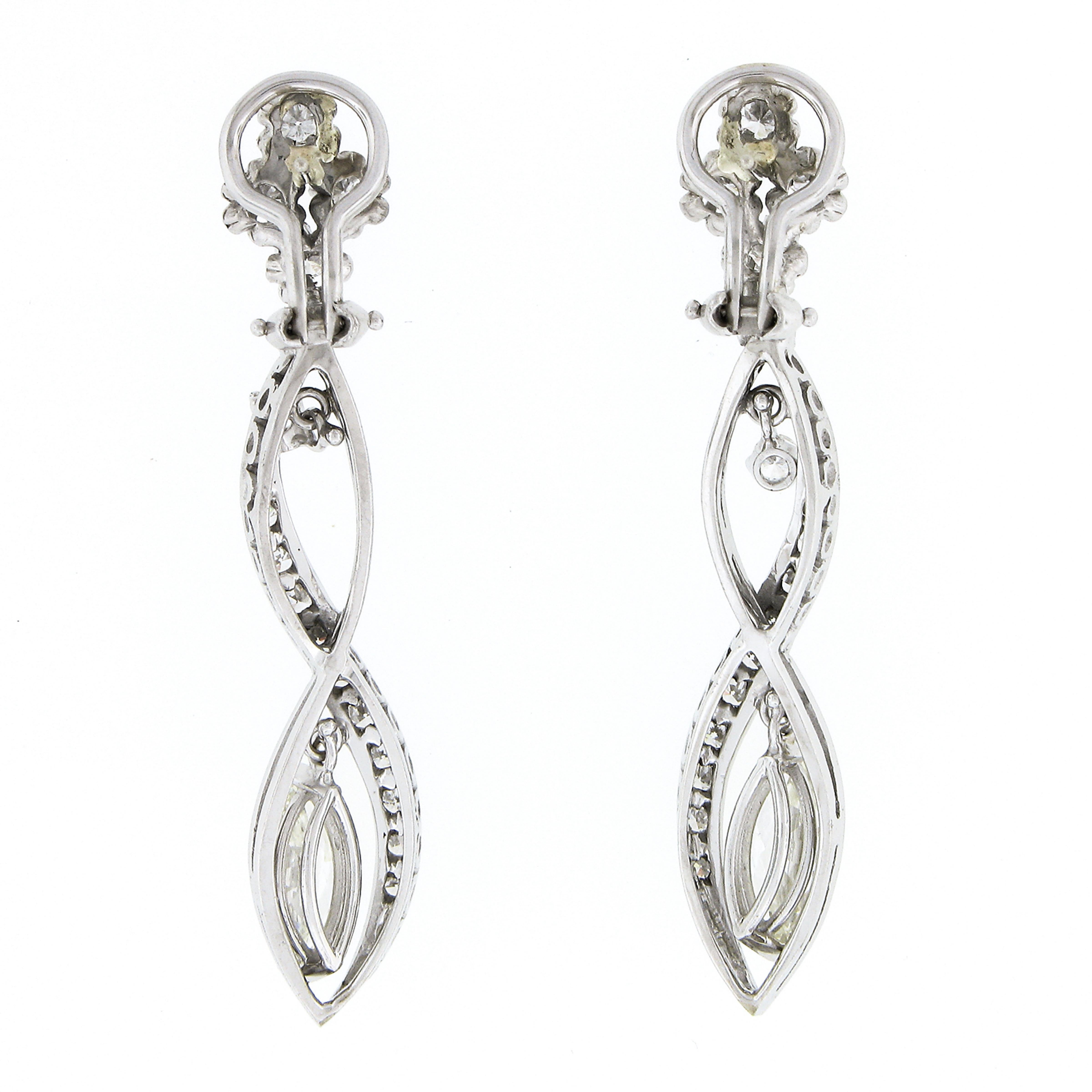 Women's Vintage 14k White Gold 4ctw Marquise Diamond Long Infinity Drop Dangle Earrings For Sale