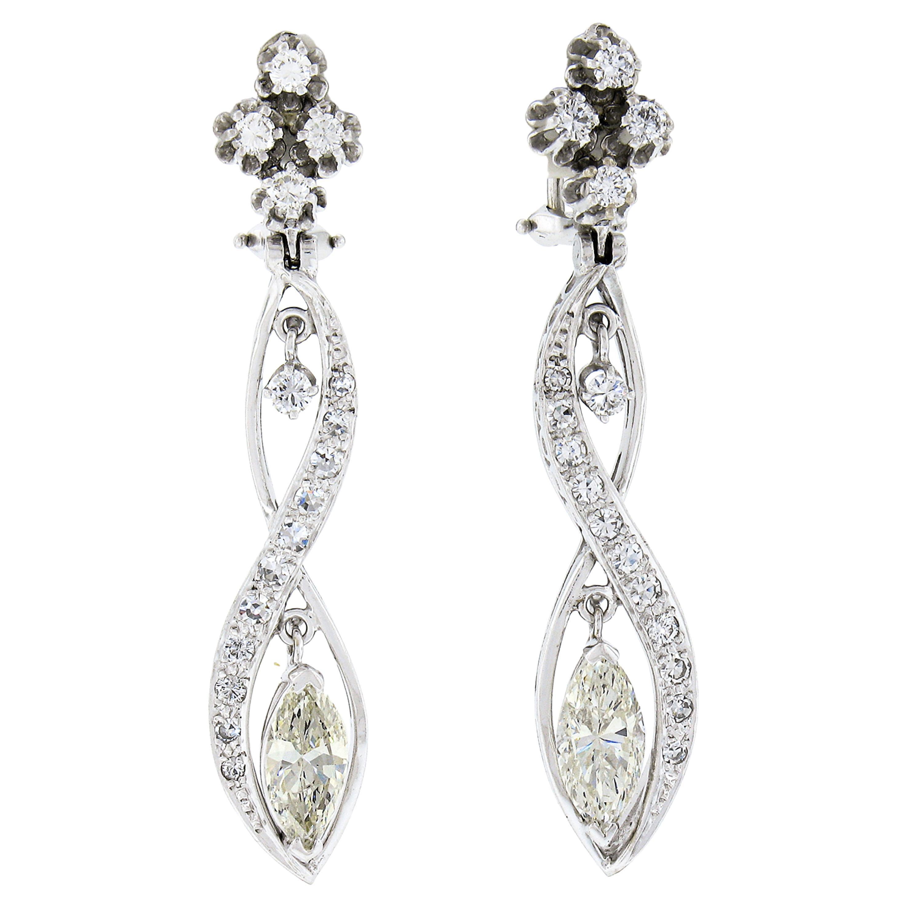 Vintage 14k White Gold 4ctw Marquise Diamond Long Infinity Drop Dangle Earrings
