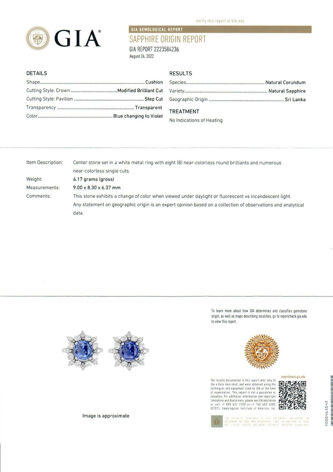 Vintage 14k White Gold 5.53ctw GIA No Heat Cushion Sapphire W/ Diamond Halo Ring 3