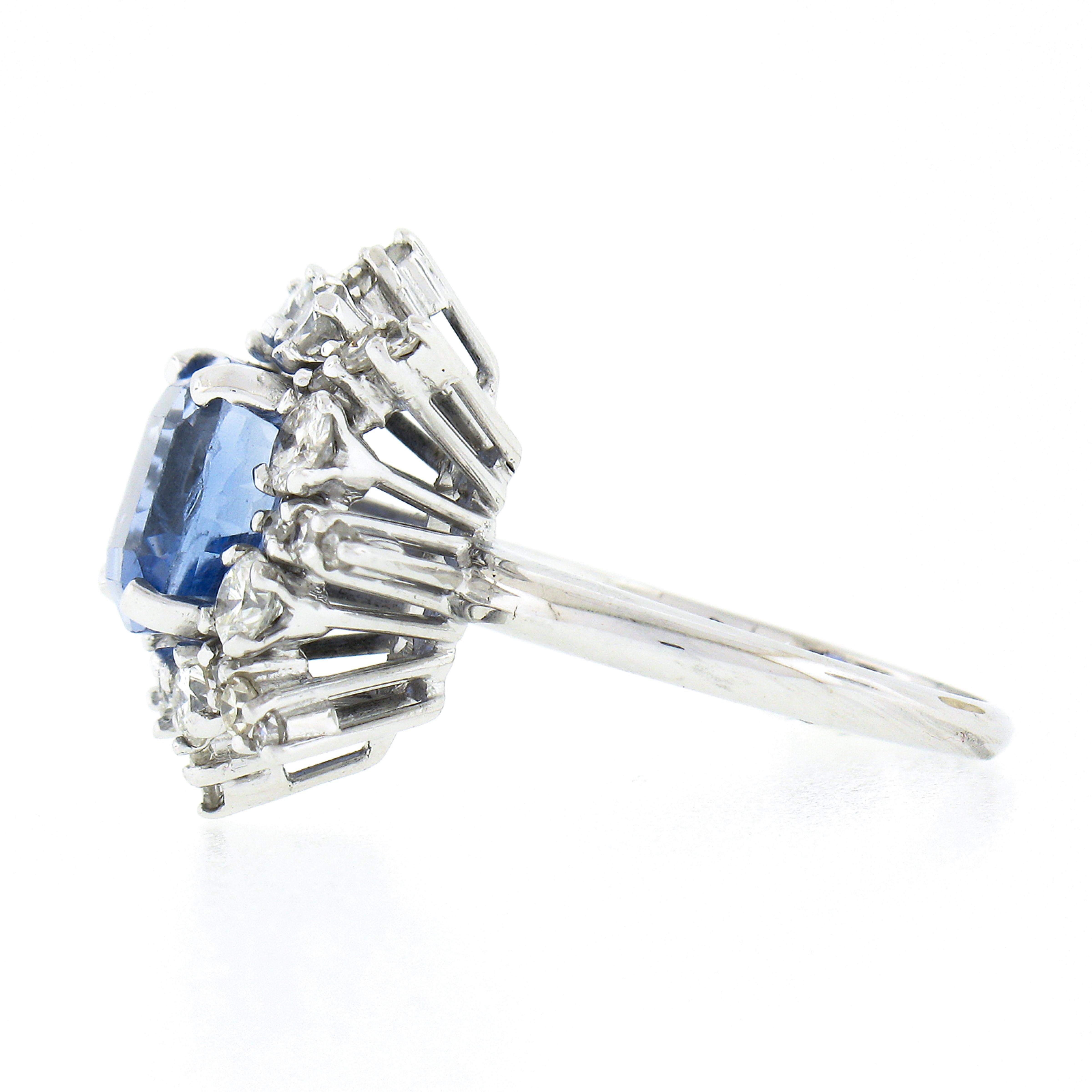 Cushion Cut Vintage 14k White Gold 5.53ctw GIA No Heat Cushion Sapphire W/ Diamond Halo Ring