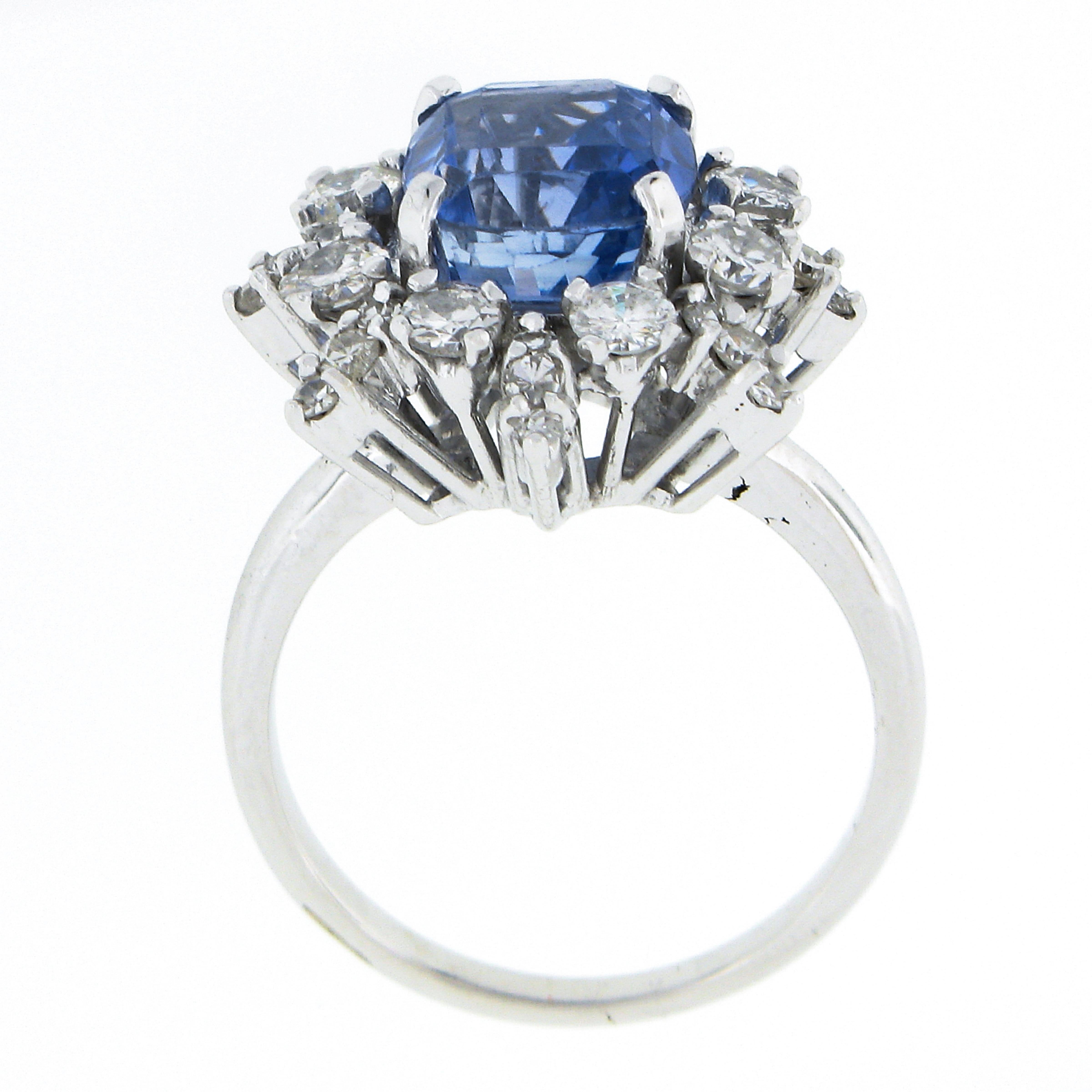 Women's Vintage 14k White Gold 5.53ctw GIA No Heat Cushion Sapphire W/ Diamond Halo Ring