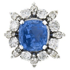Vintage 14k White Gold 5.53ctw GIA No Heat Cushion Sapphire W/ Diamond Halo Ring