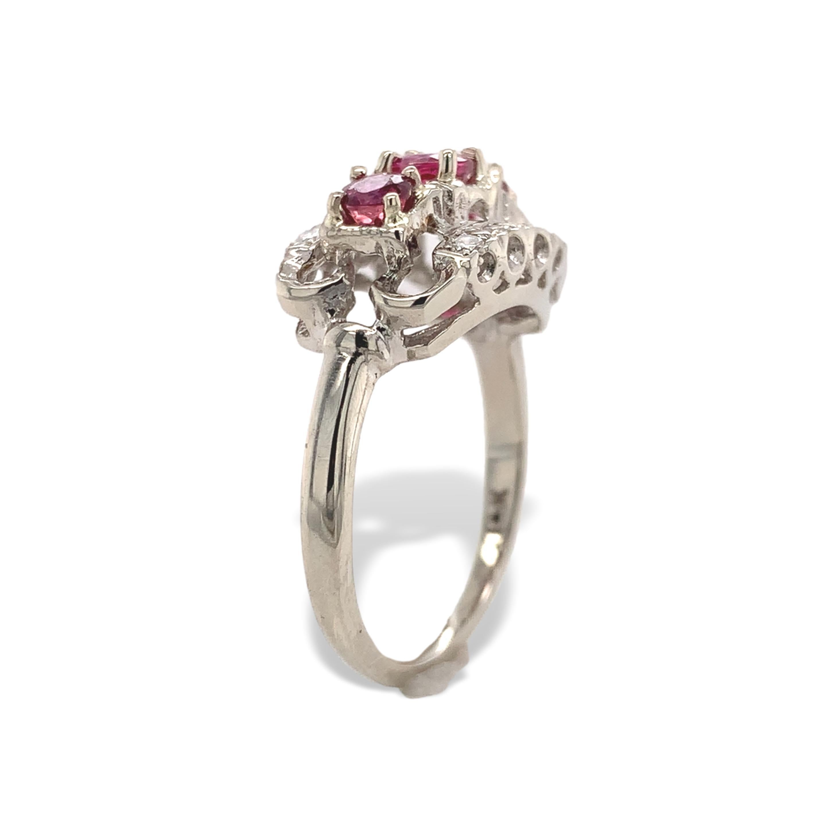 Old Mine Cut Vintage 14K White Gold .72ct tw Ruby and Diamond Band Ring size 6 For Sale