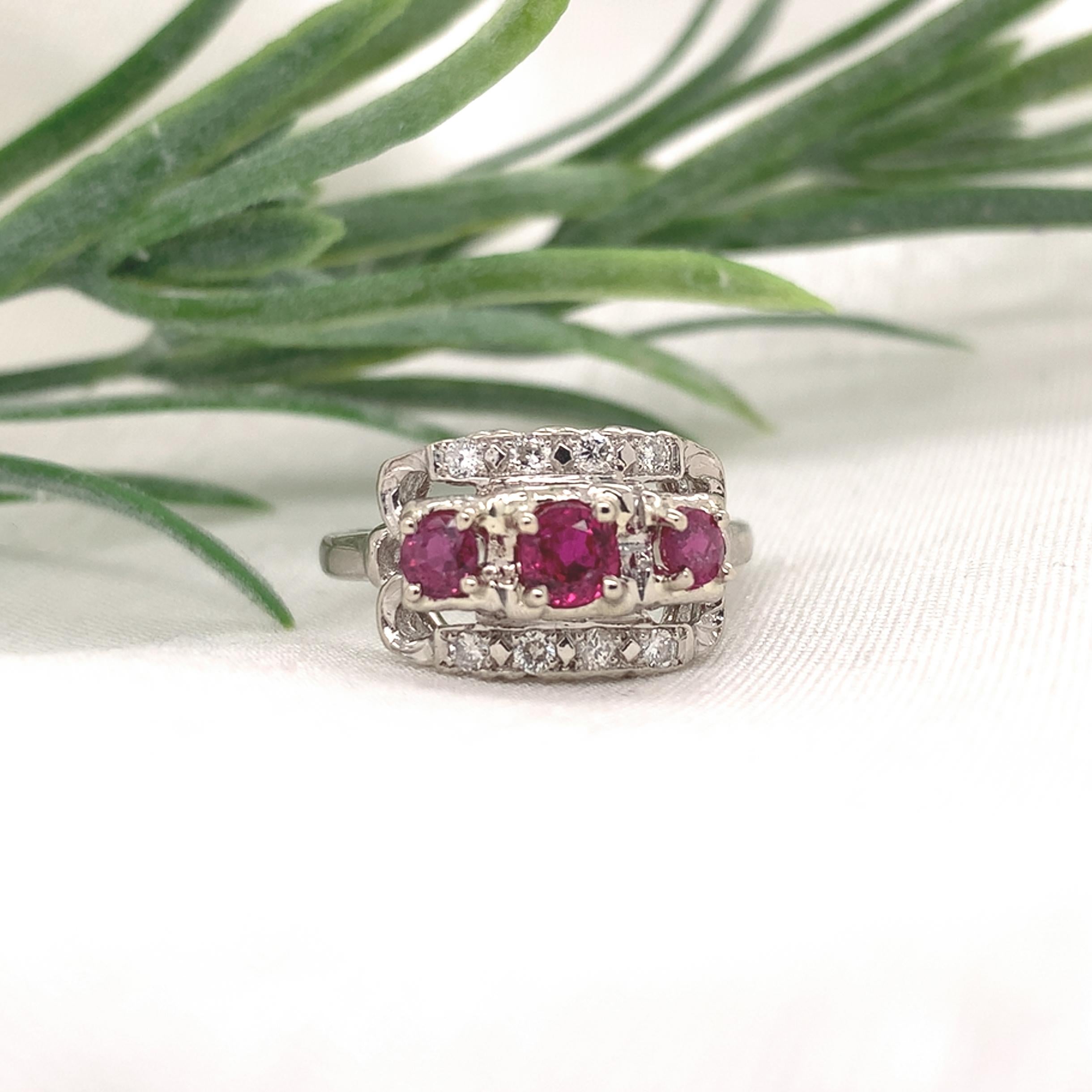 Vintage 14K White Gold .72ct tw Ruby and Diamond Band Ring size 6 For Sale 1