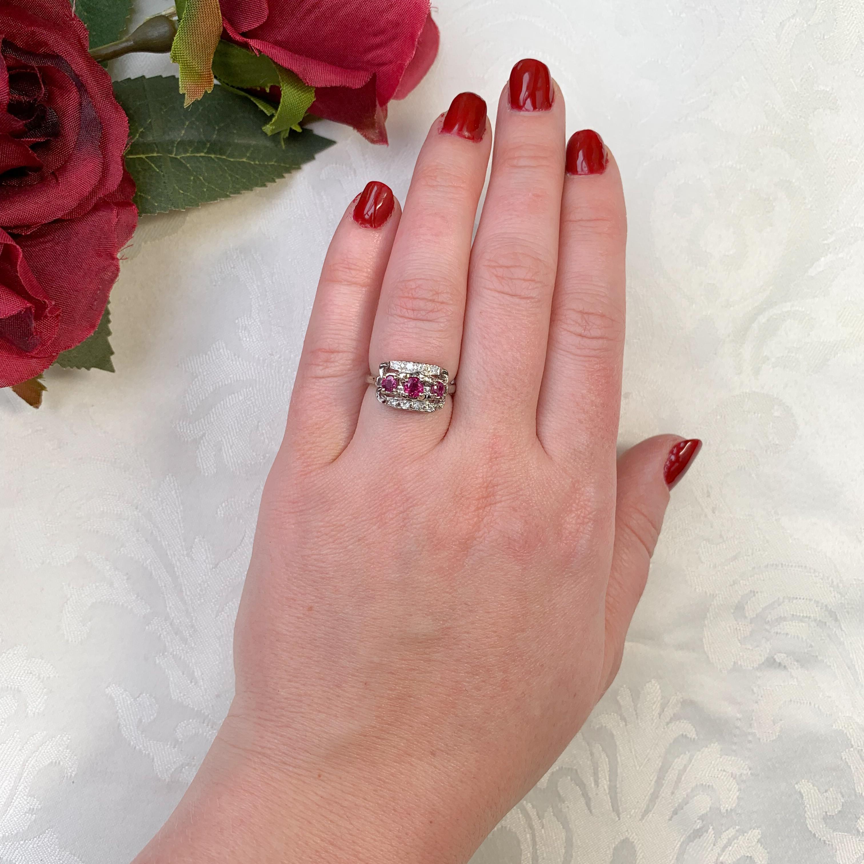 Vintage 14K White Gold .72ct tw Ruby and Diamond Band Ring size 6 For Sale 2