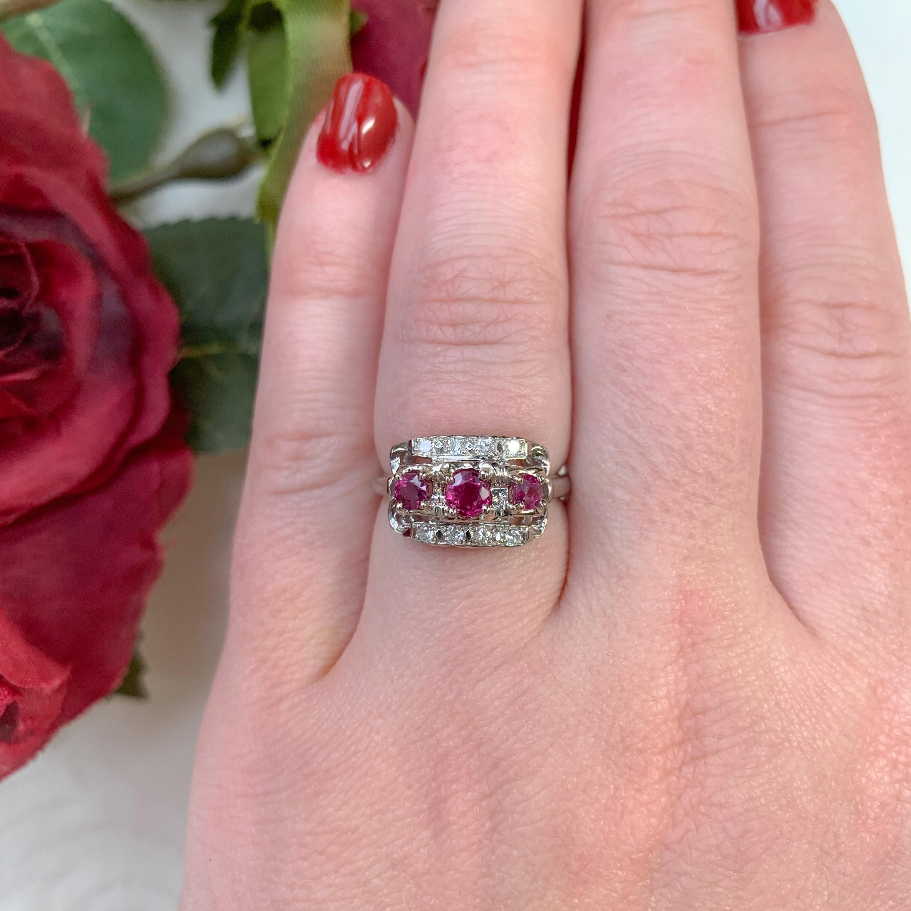Vintage 14K White Gold .72ct tw Ruby and Diamond Band Ring size 6 For Sale 3