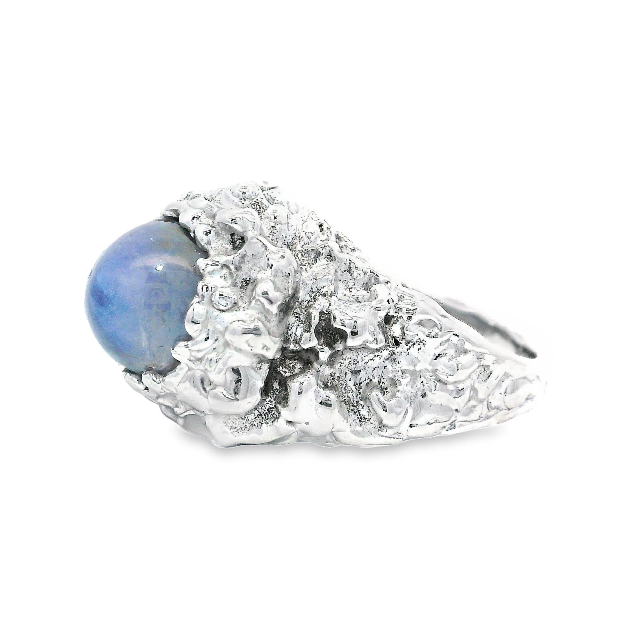 Vintage 14k White Gold 7ct Blue Star Sapphire Nugget Texture High Profile Ring For Sale 5