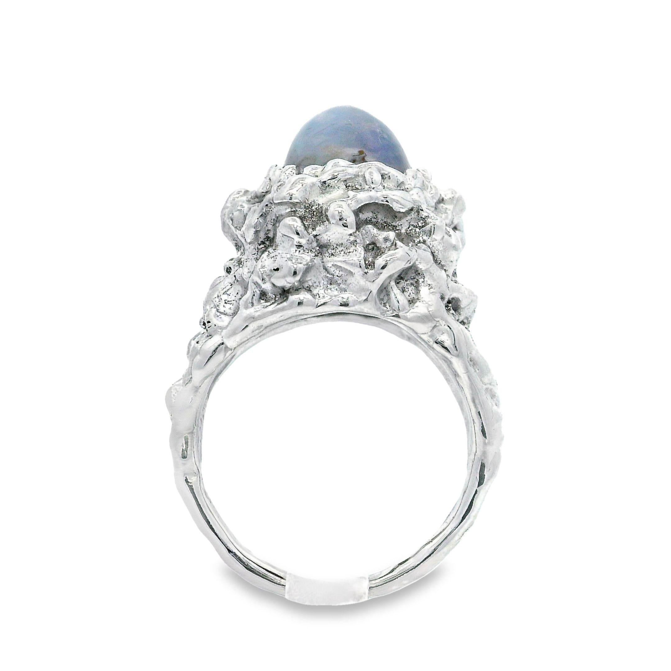 Vintage 14k White Gold 7ct Blue Star Sapphire Nugget Texture High Profile Ring For Sale 7