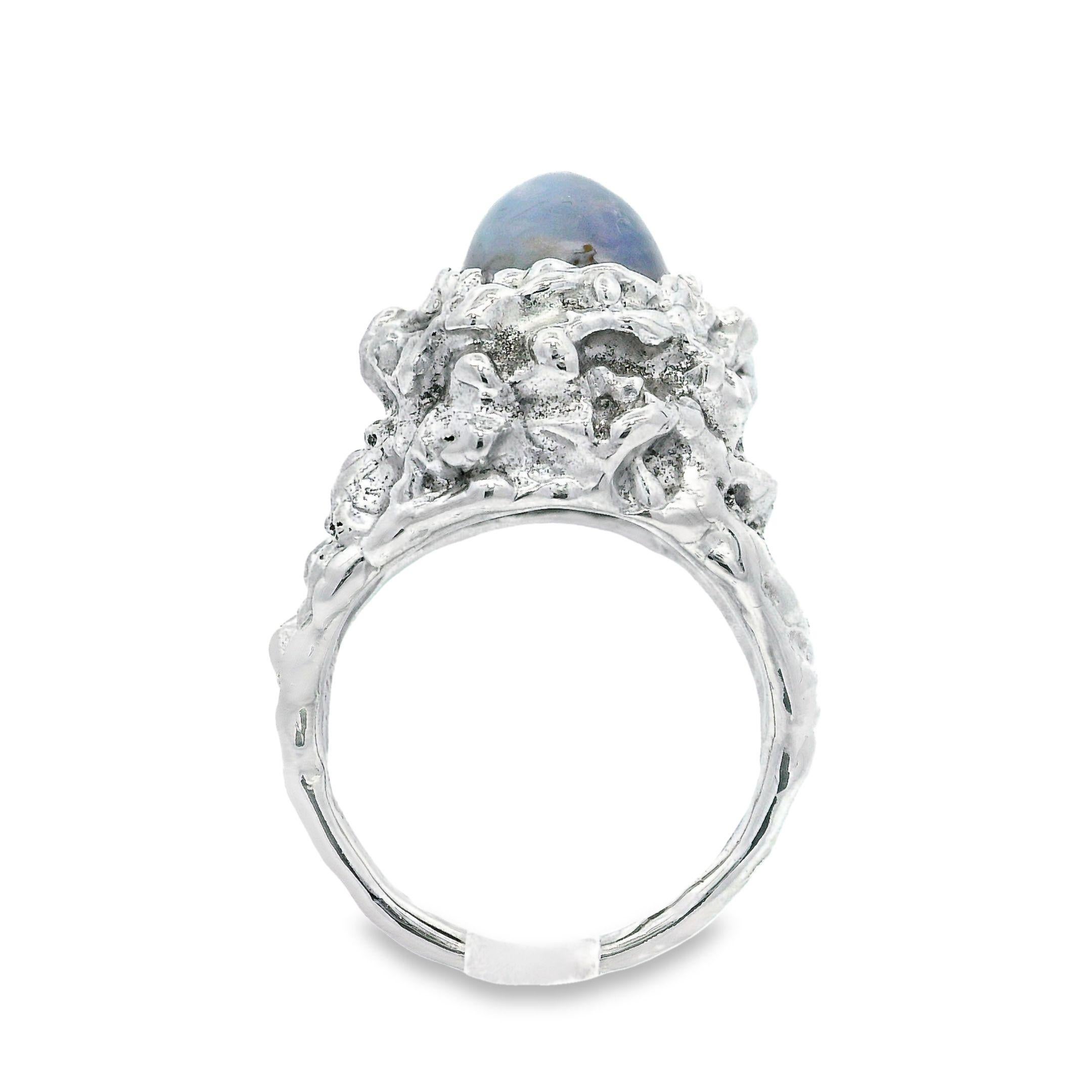Vintage 14k White Gold 7ct Blue Star Sapphire Nugget Texture High Profile Ring 7