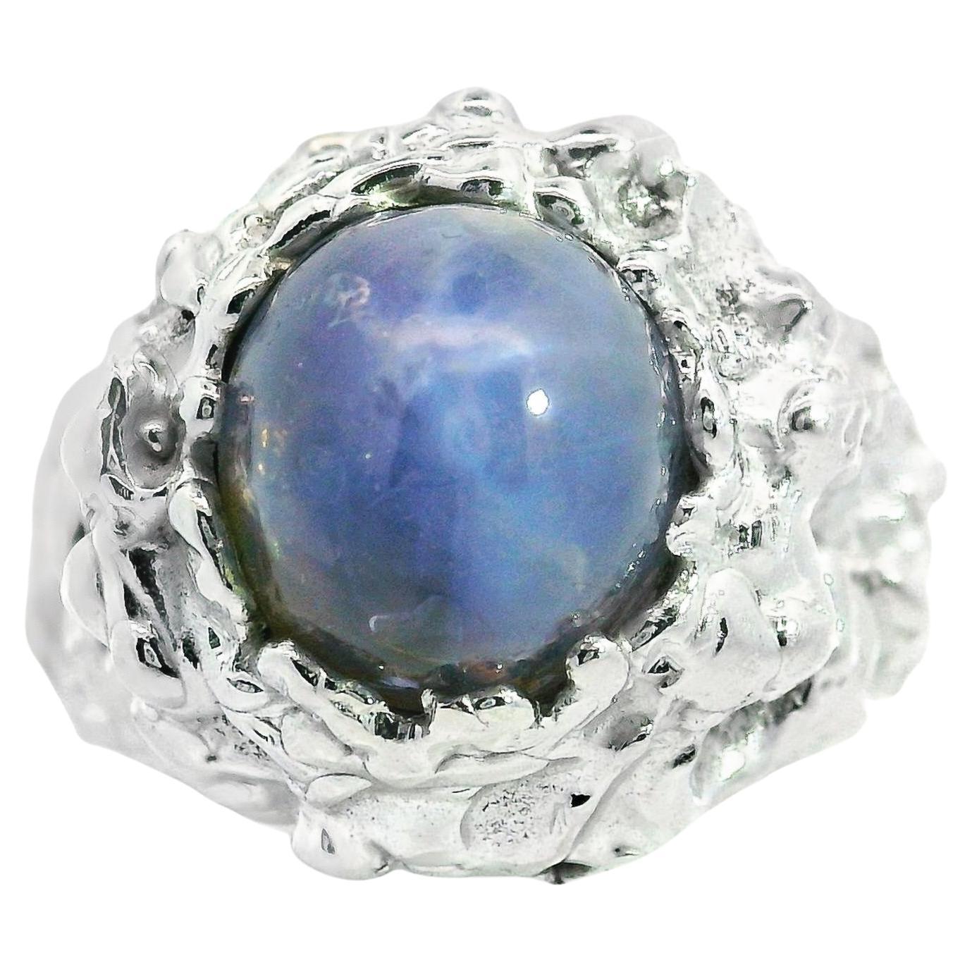 Vintage 14k White Gold 7ct Blue Star Sapphire Nugget Texture High Profile Ring For Sale