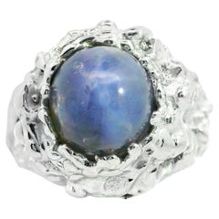 Vintage 14k White Gold 7ct Blue Star Sapphire Nugget Texture High Profile Ring