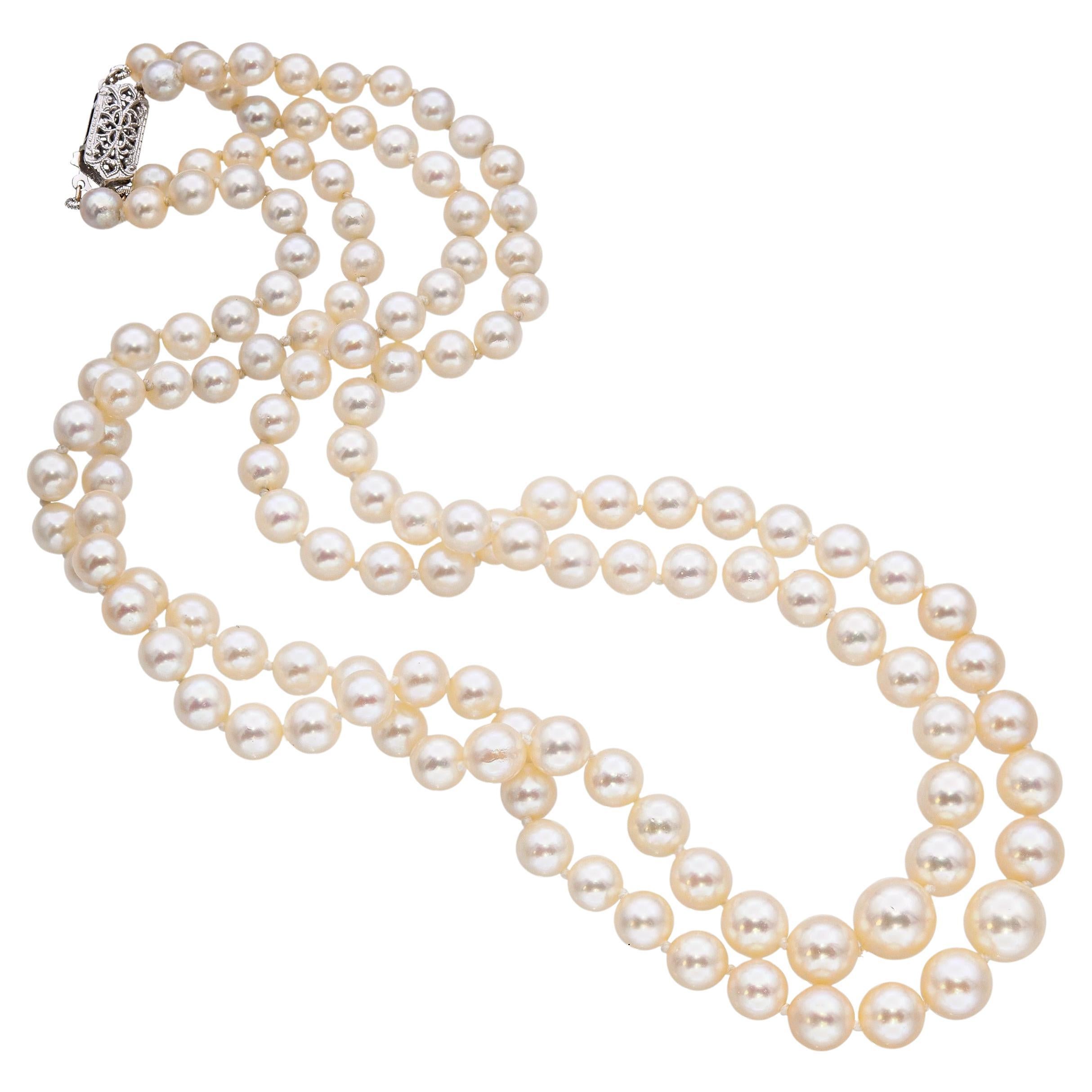 Collana a doppio filo con perle Akoya d'epoca in oro bianco 14k