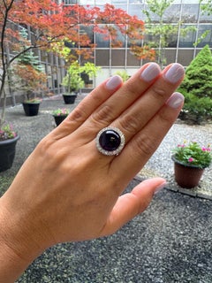 Vintage 14K White Gold Amethyst Cabochon Diamond Halo Ring