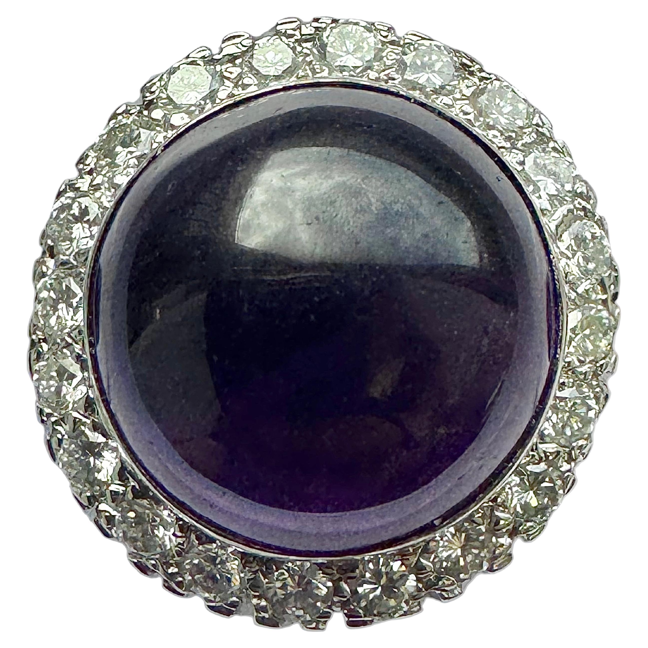 Vintage 14K White Gold Amethyst Cabochon Diamond Halo Ring For Sale