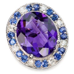 Vintage 14k White Gold Amethyst, Sapphire, & Diamond Cocktail Ring