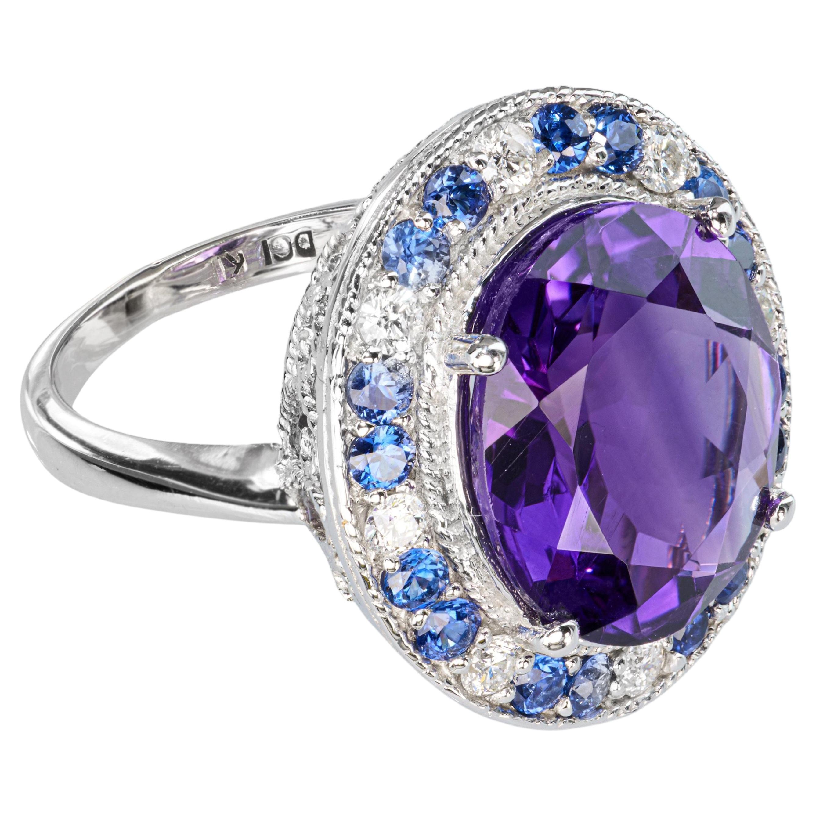 Vintage-Cocktailring aus 14-karätigem Weißgold mit Amethyst, Saphir und Diamanten