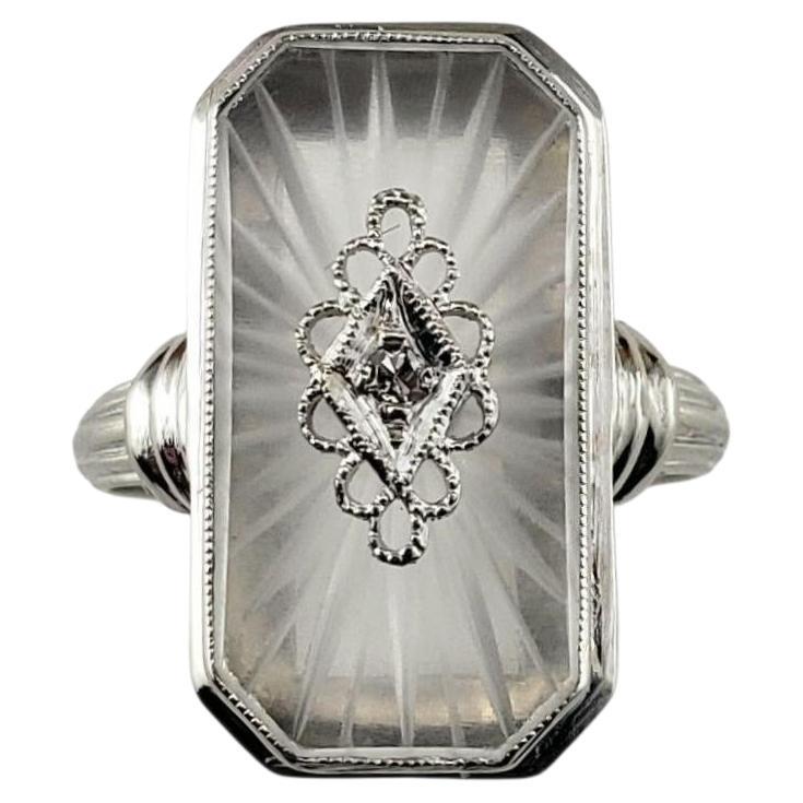 Anello di vetro canforato d'epoca in oro bianco 14 carati e diamanti, misura 5,75 #23120