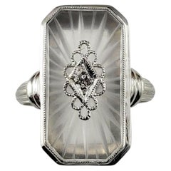 Anello di vetro canforato d'epoca in oro bianco 14 carati e diamanti, misura 5,75 #23120