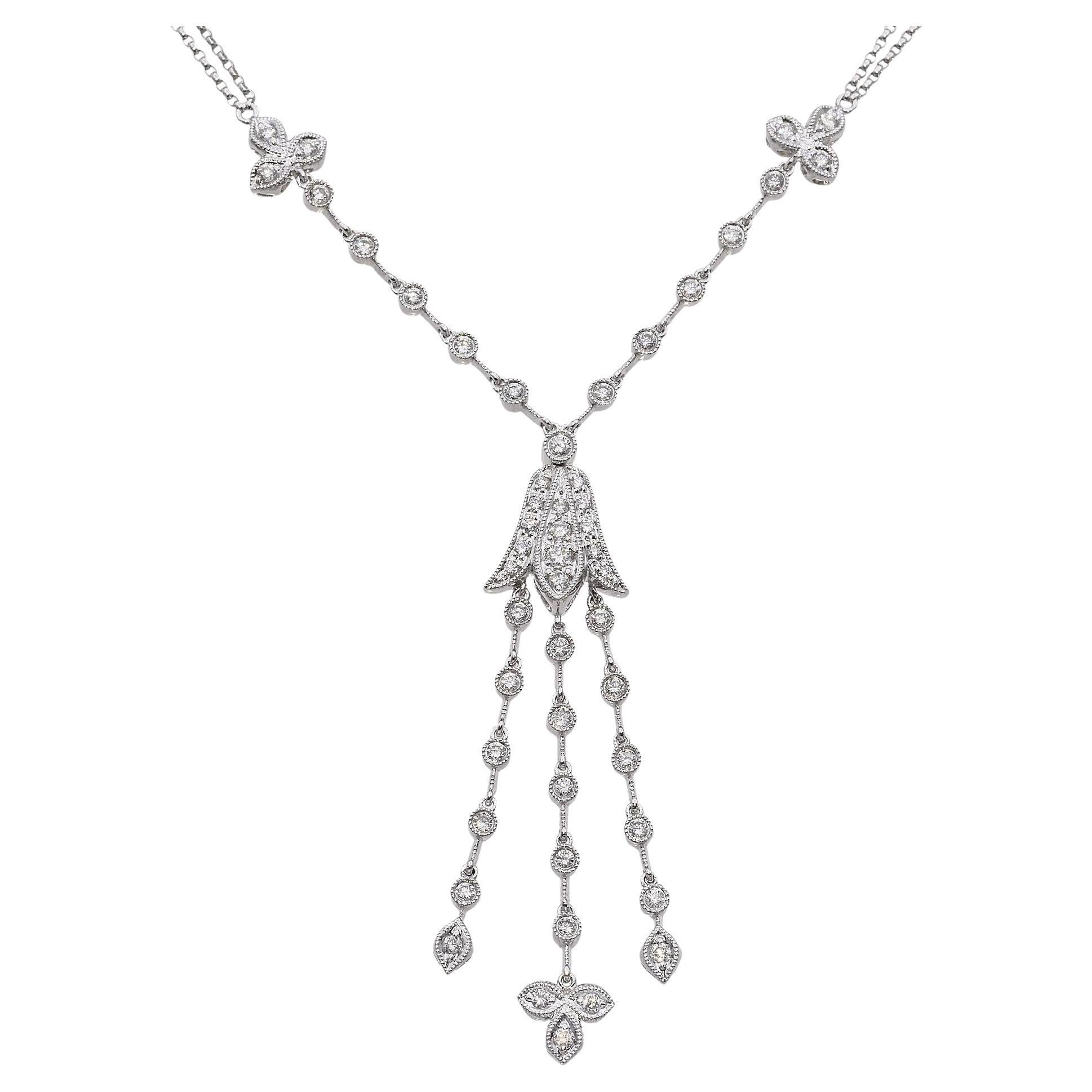 Vintage 14k White Gold and Diamond Hanging Flower Necklace