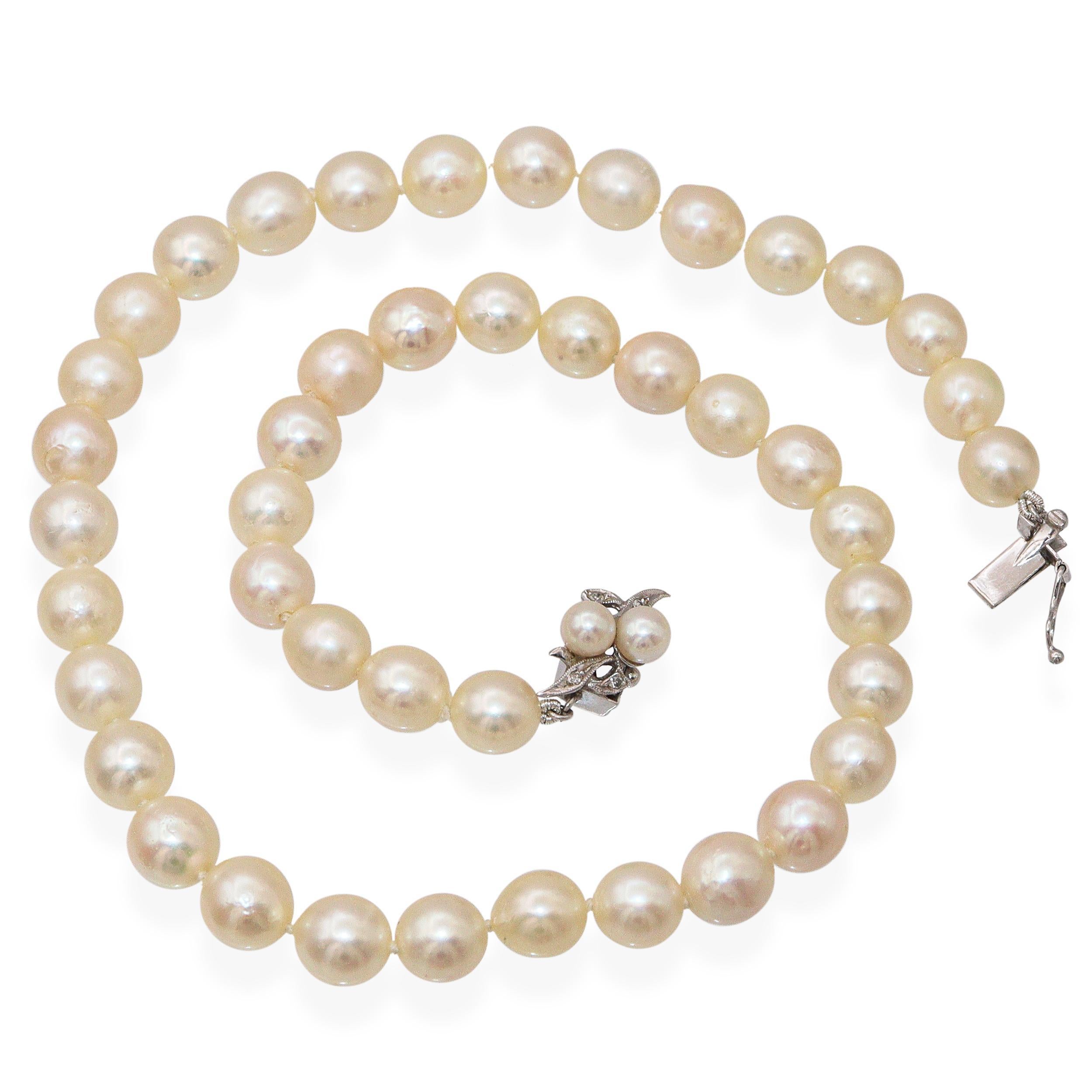 Vintage 14k Weißgold und Diamant Perlenkette Halskette für Damen oder Herren im Angebot