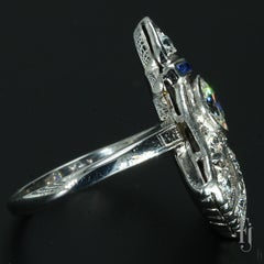 Vintage 14k White Gold Art Deco Ring with Diamond & Blue Sapphire - Size 3.25