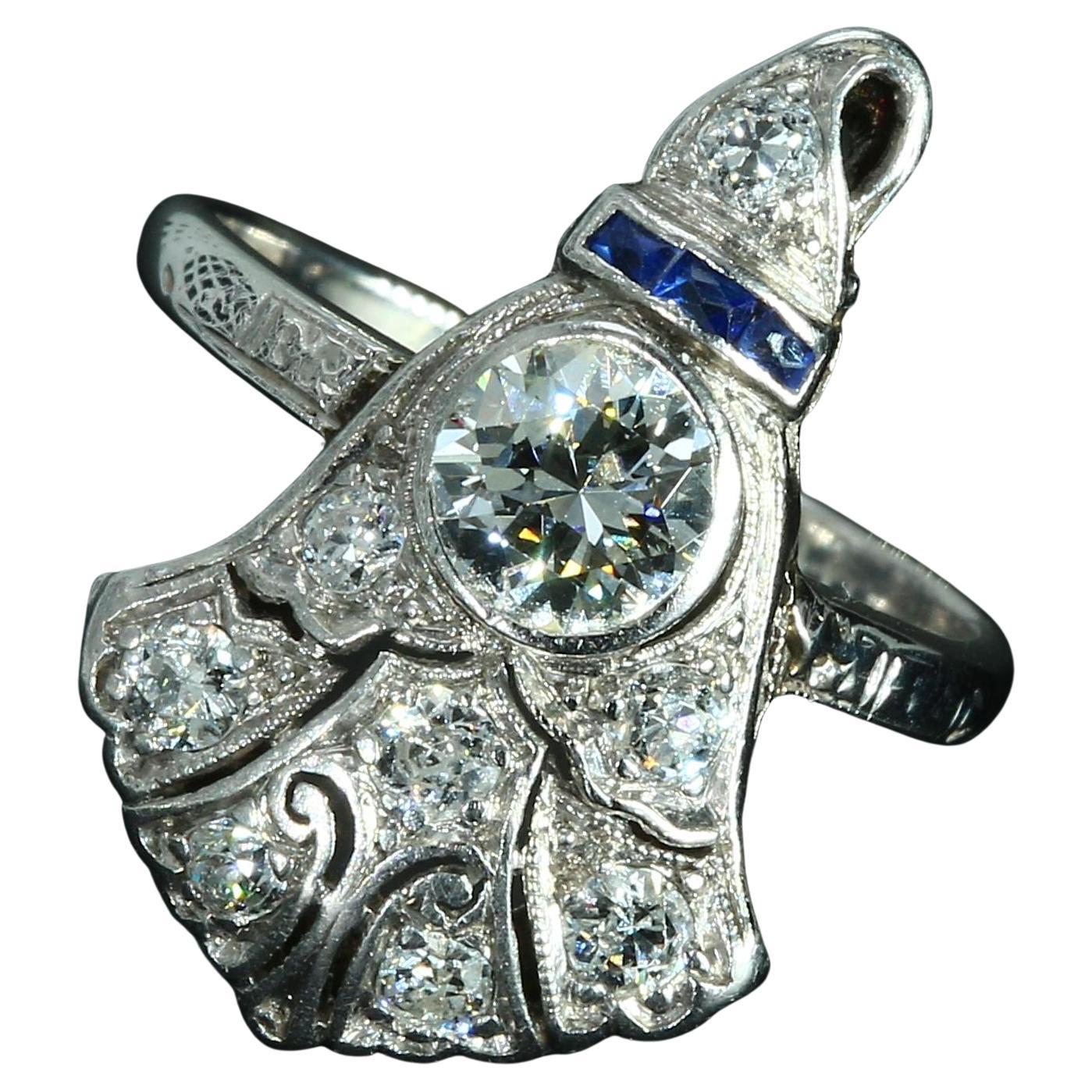 Vintage 14k White Gold Art Deco Ring with Diamond 
Blue Sapphire - Size 3.25