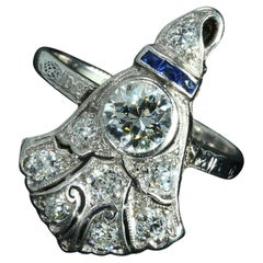 Vintage 14k White Gold Art Deco Ring with Diamond 
Blue Sapphire - Size 3.25
