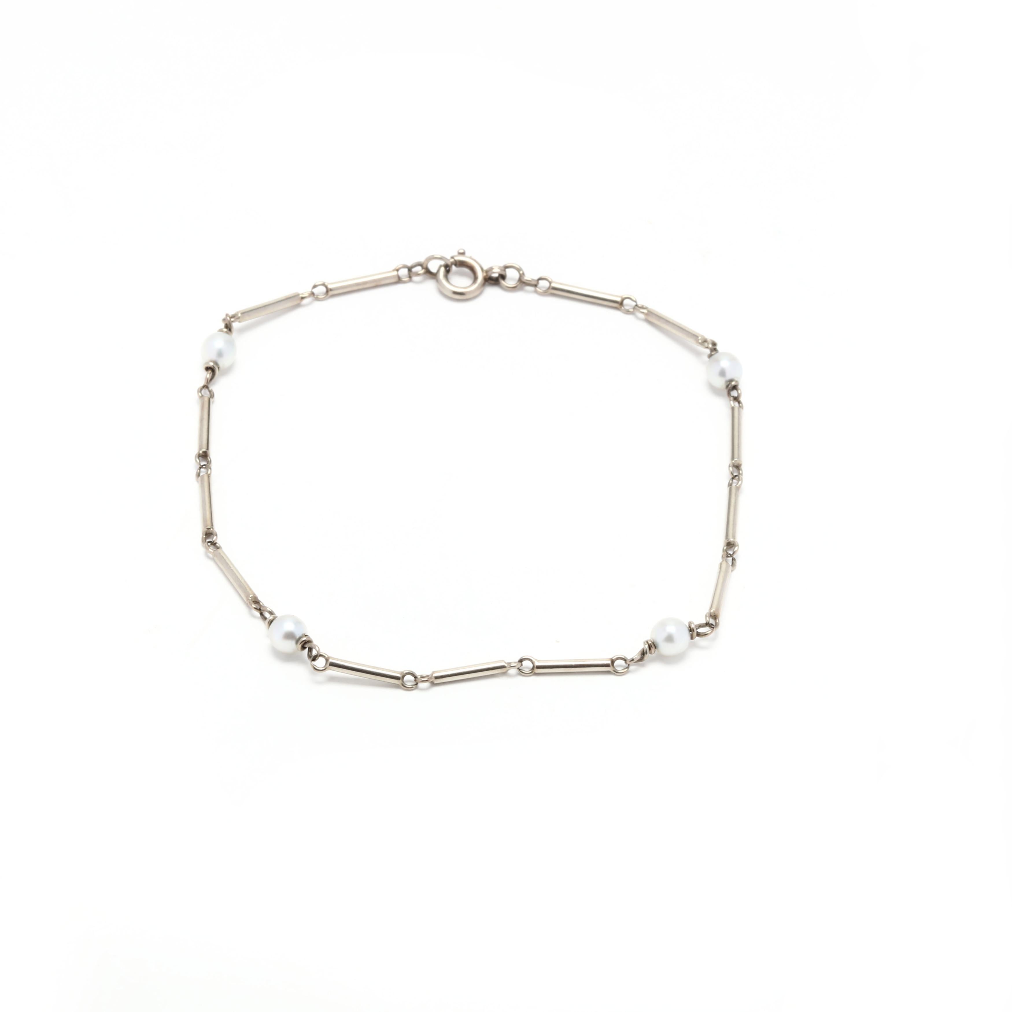 Round Cut Vintage 14k White Gold Bar & Pearl Link Bracelet