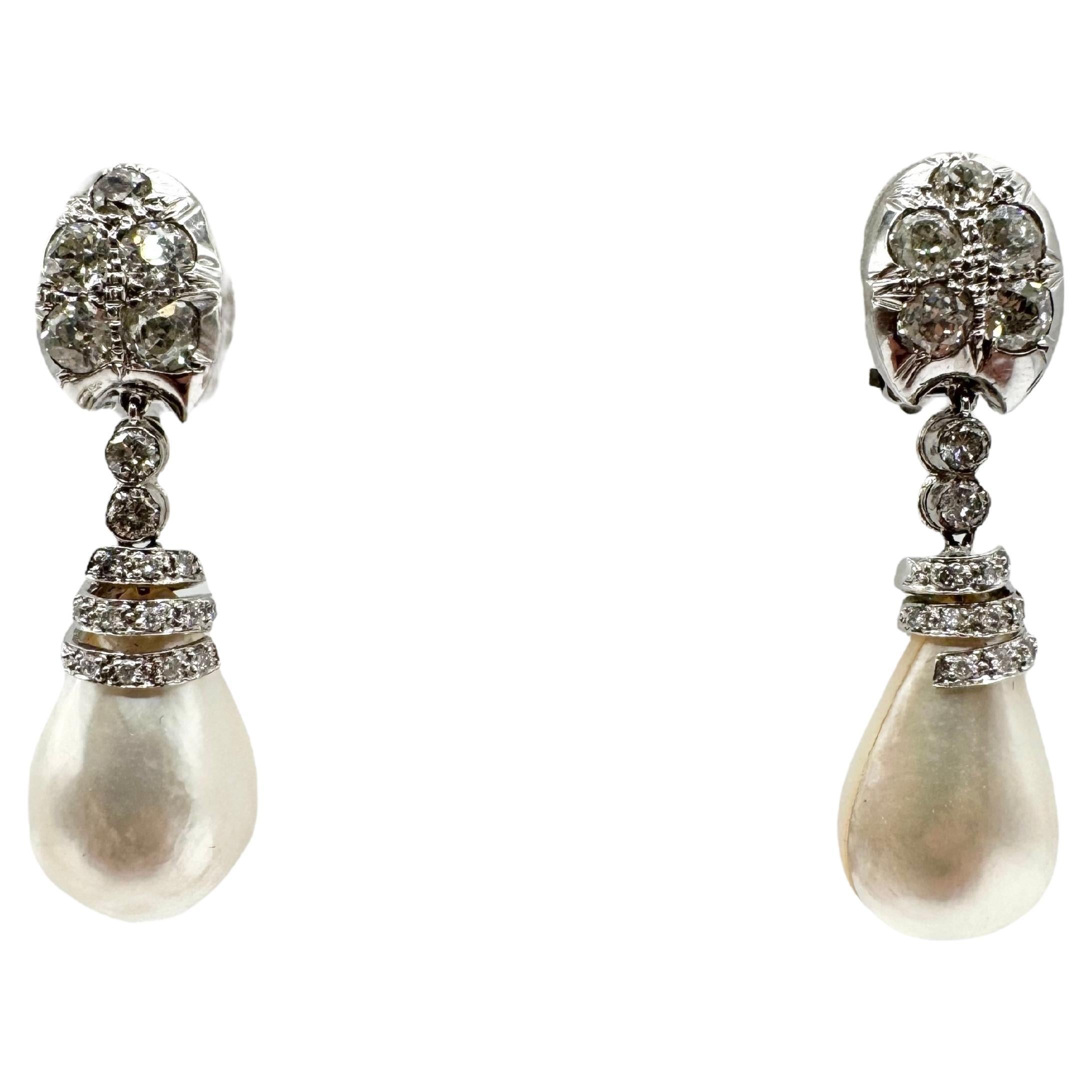Vintage 14K White Gold Baroque Pearl and Diamond Drop Earrings
