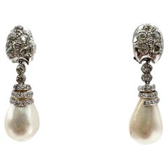 Vintage 14K White Gold Baroque Pearl and Diamond Drop Earrings