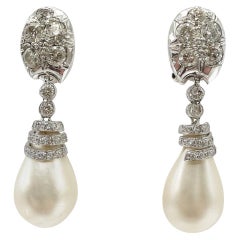 Vintage 14K Weißgold Barock Perle und Diamant Tropfen Ohrringe