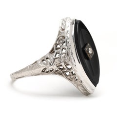 Vintage 14K White Gold Black Onyx & Diamond Navette Filigree Ring, Ring Size 6