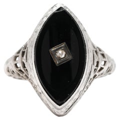 Vintage 14K White Gold Black Onyx & Diamond Navette Filigree Ring, Ring Size 6