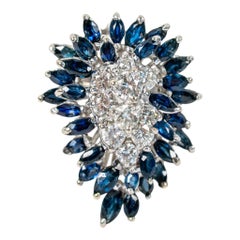 Vintage 14k Weißgold Blau Saphir & Diamant Ballerina Cluster Cocktail Ring