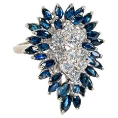Vintage 14k Weißgold Blau Saphir & Diamant Ballerina Cluster Cocktail Ring
