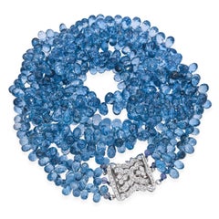 Vintage 14k White Gold Blue Topaz Briolette and Diamond Multi Strand Necklace