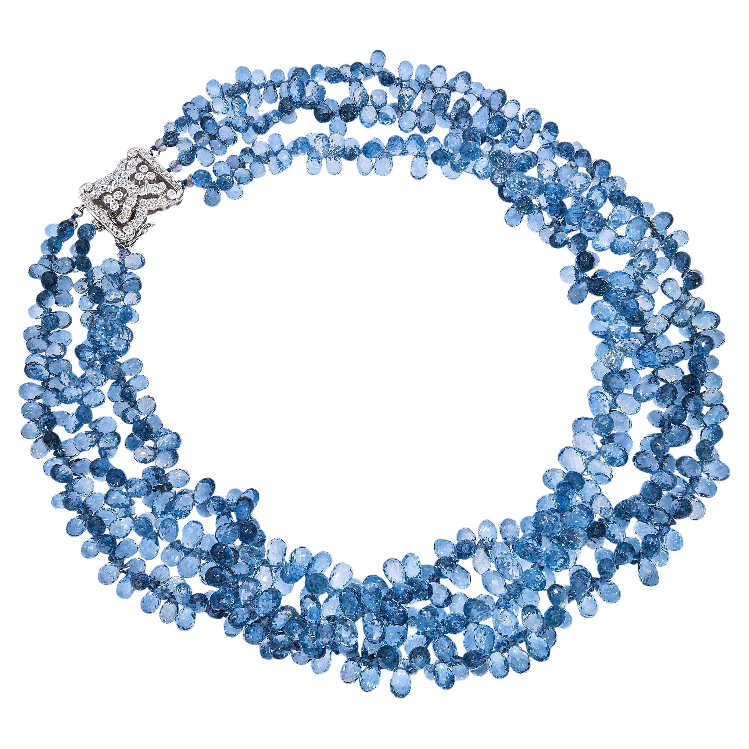 Vintage By in oro bianco 14k Collana a più fili di Topazio Blu Briolette e Diamanti in vendita