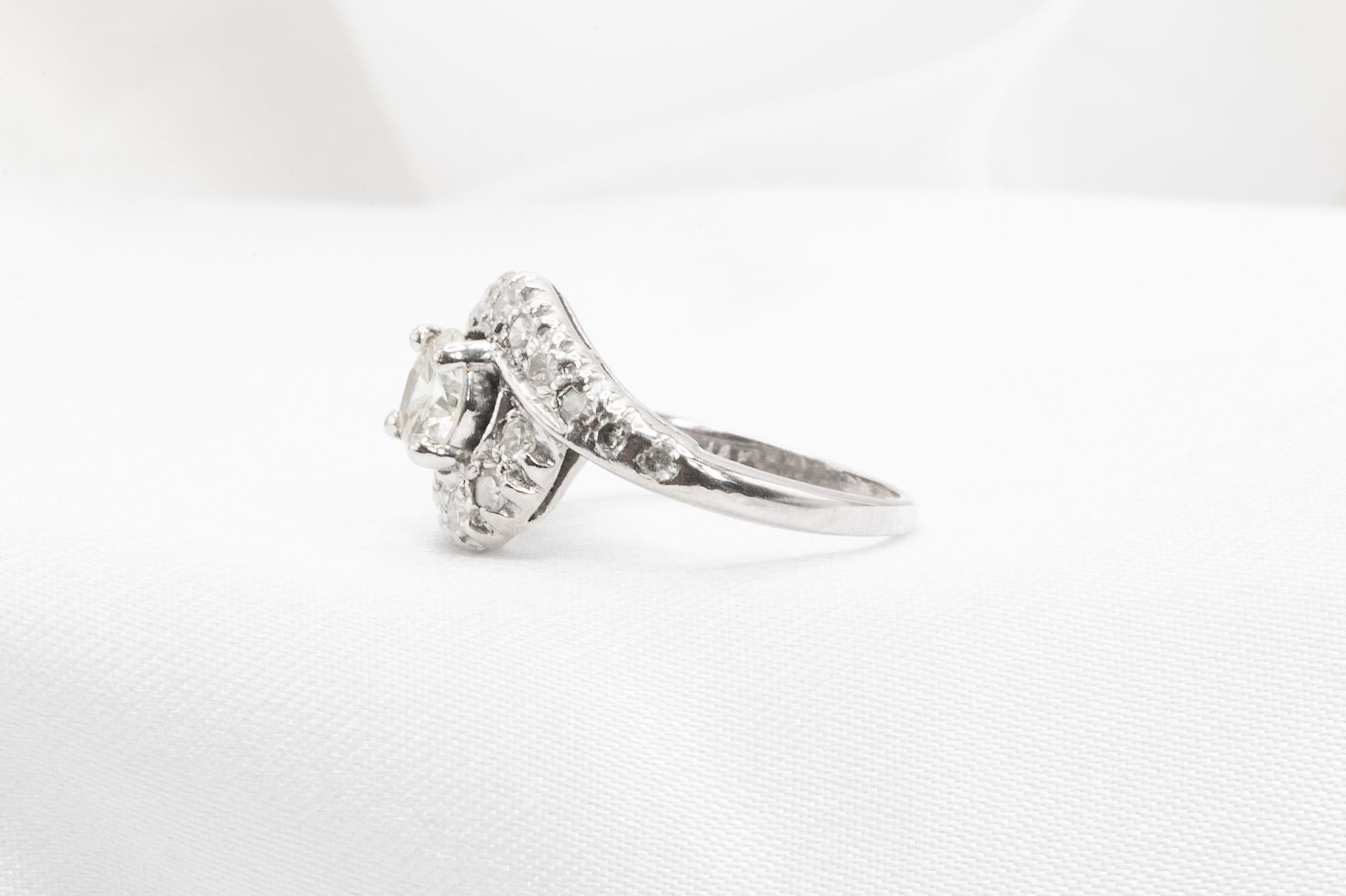 Round Cut Vintage 14K White Gold Bypass Diamond Ring For Sale