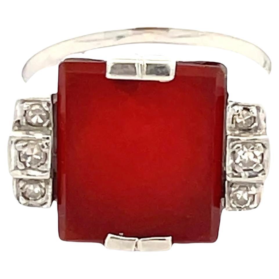 Vintage 14K White Gold Carnelian & Diamond Statement Ring