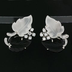 Vintage 14k White Gold Carved Black Onyx & Rock Crystal W/ Diamond Leaf Earrings