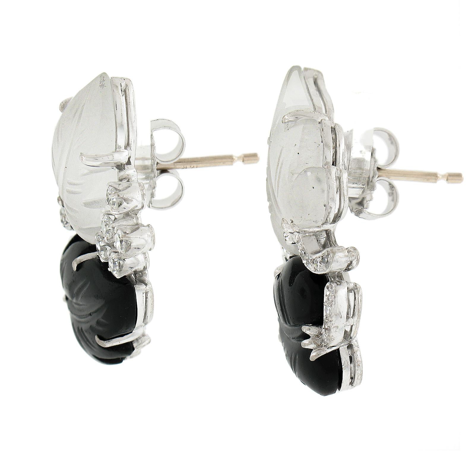 Single Cut Vintage 14k White Gold Carved Black Onyx & Rock Crystal W/ Diamond Leaf Earrings For Sale