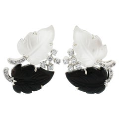 Vintage 14k White Gold Carved Black Onyx & Rock Crystal W/ Diamond Leaf Earrings