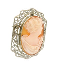 Vintage 14k or blanc sculpté camée coquillage avec cadre filigrane broche pendentif