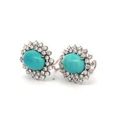 Vintage 14K White Gold Clip-On Earrings with Turquoise and 3.1 Carat Diamonds