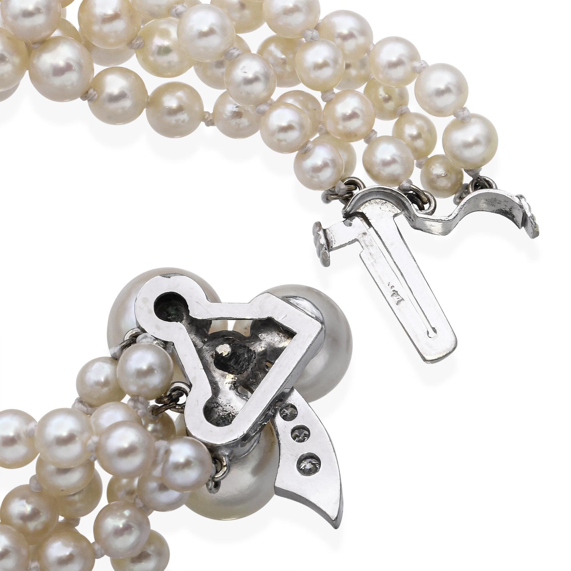 Bracelet vintage à 4 rangs de perles en or blanc 14 carats et diamants Pour femmes en vente